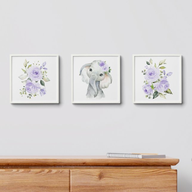 Elephant, Safari, Purple Flowers, Gender Neutral Peel And Stick Photo Tile (Dresser)