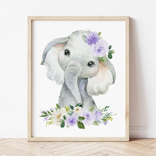 Elephant Safari Purple Flowers Gender Neutral Poster