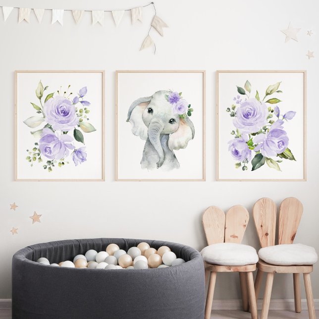 Elephant, Safari, Purple Flowers, Gender Neutral Wall Art Sets (Creator Uploaded)
