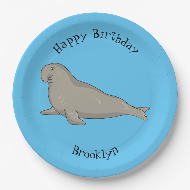 Elephant seal cartoon illustration paper plates (Front)