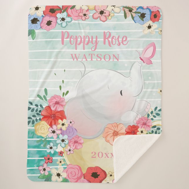 Elephant Sherpa Blanket with Flowers + Custom Name (Front)