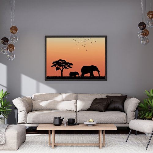 Elephant Silhouette At Sunset In Africa Poster