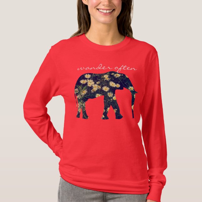 Elephant Silhouette Daisy Inspirational Hipster T-Shirt (Front)
