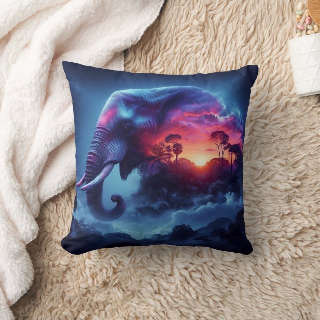 Elephant Silhouette Merged with Vibrant Sunset Throw Pillow (Blanket)