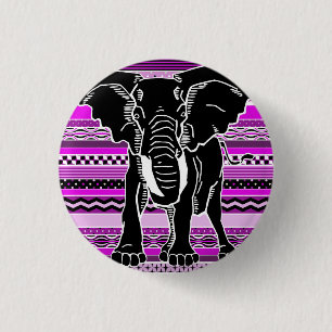 Elephant Silhouette on Purple Patterned Stripes Button