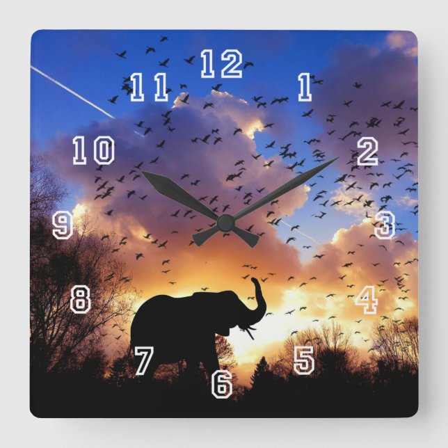 Elephant Silhouette Square Clock (Front)
