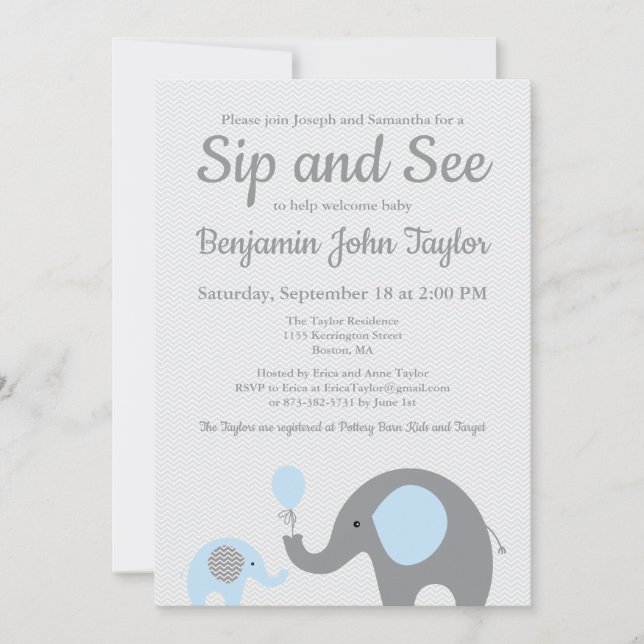 Elephant Sip and See Invitations in Blue and Gray (Front)