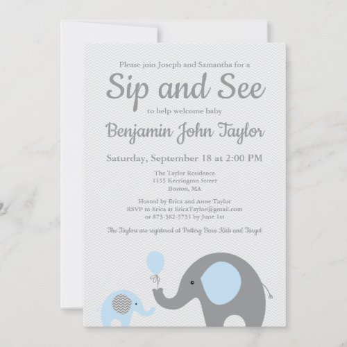 Elephant Sip and See Invitations in Blue and Gray