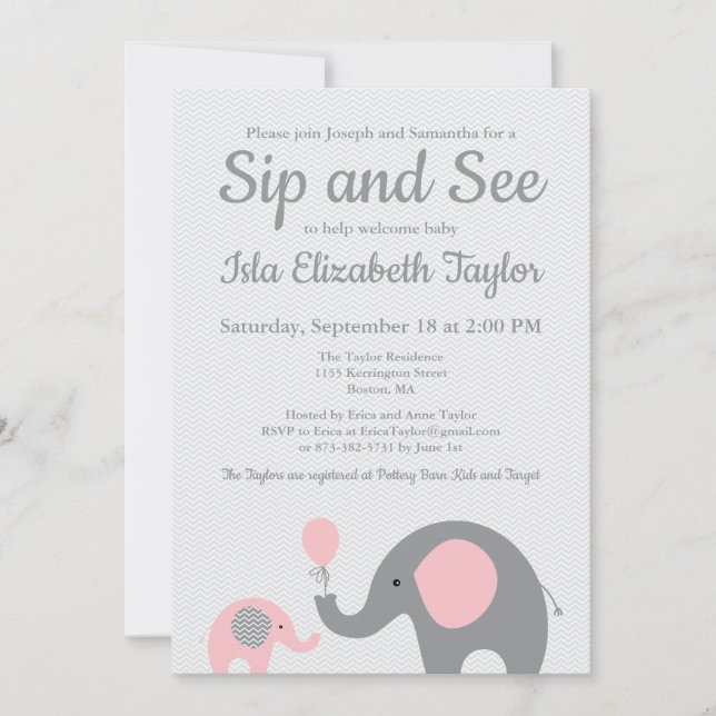 Elephant Sip and See Invitations in Pink and Gray (Front)