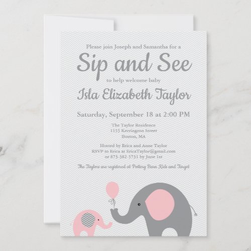 Elephant Sip and See Invitations in Pink and Gray
