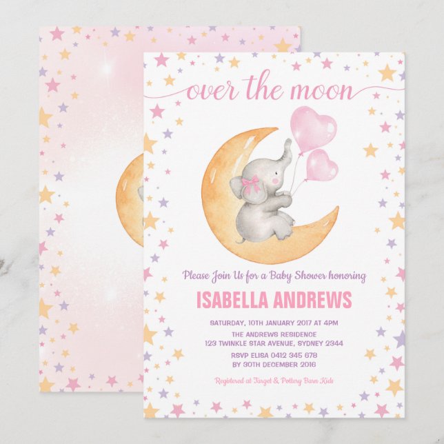 Elephant Siting on Moon Baby Shower / Twinkle Star Invitation (Front/Back)