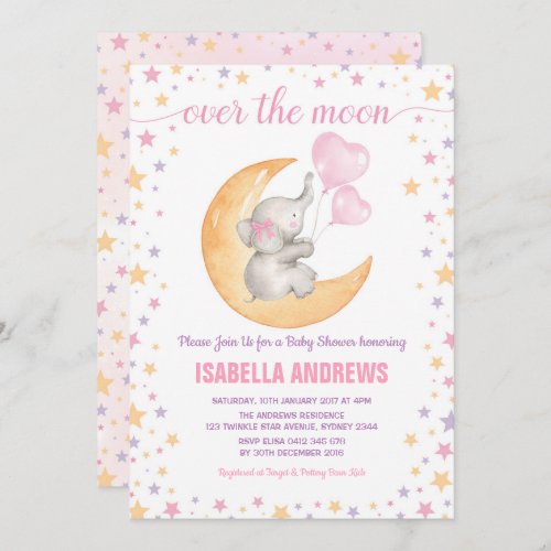 Elephant Siting on Moon Baby Shower  Twinkle Star Invitation