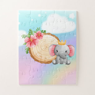 elephant sitting next to a log with flower puzzle