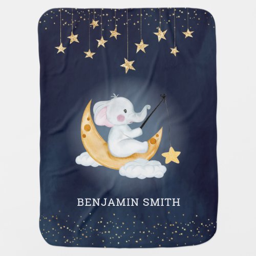 Elephant Sitting on Crescent Moon Navy Blue Baby Blanket