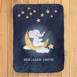 Elephant Sitting on Crescent Moon Navy Blue Baby Blanket