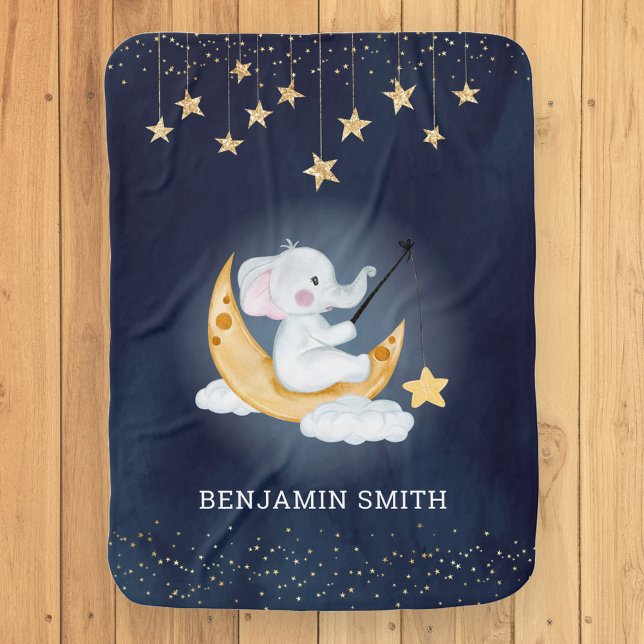 Elephant Sitting on Crescent Moon Navy Blue Baby Blanket (Creator Uploaded)