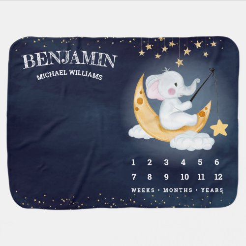 Elephant Sitting on Crescent Moon Navy Milestone Baby Blanket