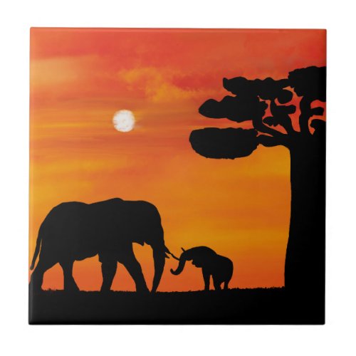 elephant sky animals sunrise nature africa  ceramic tile
