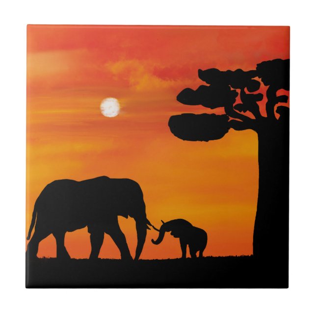 elephant, ,sky ,animals ,sunrise ,nature ,africa , ceramic tile (Front)