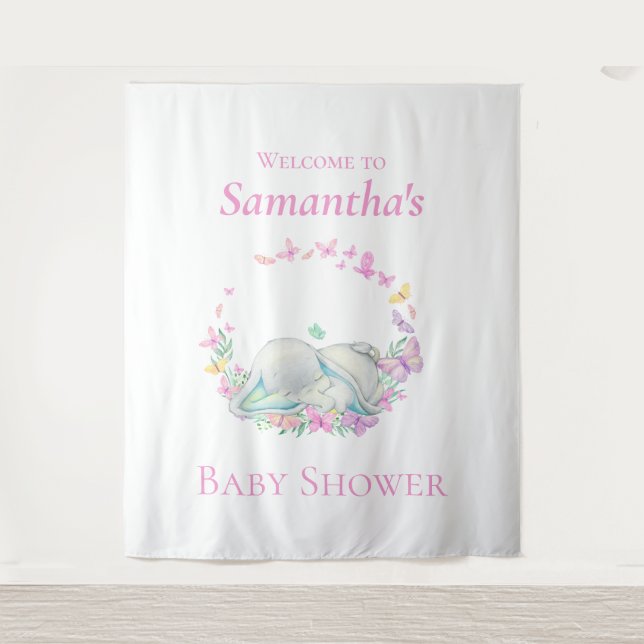 Elephant Sleeping Butterflies Baby Shower Backdrop (Front)