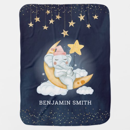 Elephant Sleeping on Crescent Moon Navy Blue Baby Blanket
