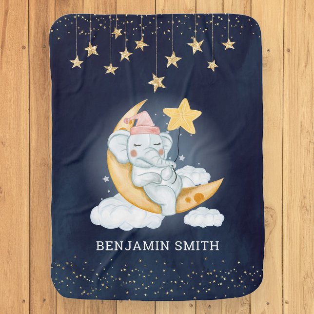 Elephant Sleeping on Crescent Moon Navy Blue Baby Blanket (Creator Uploaded)