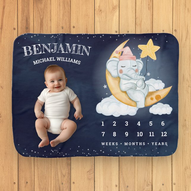 Elephant Sleeping on Crescent Moon Navy Milestone Baby Blanket (Creator Uploaded)