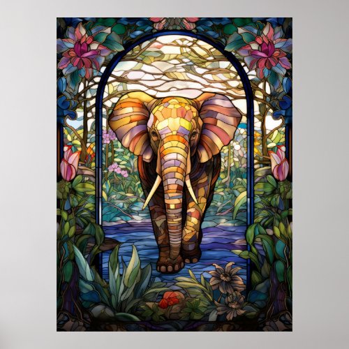 Elephant Stained Glass Window Design Poster