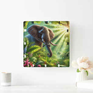 Elephant Standing Amidst Lush Jungle Foliage Square Wall Clock