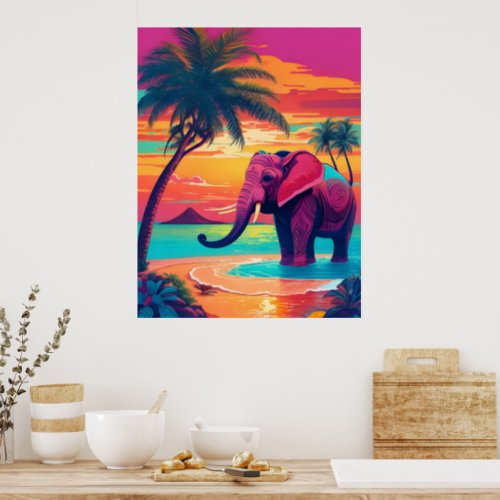 Elephant standing in water with palm trees  poster