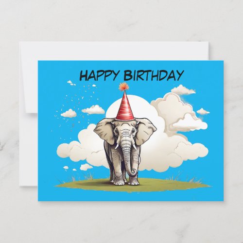 Elephant standing on patch of grass clouds postcard