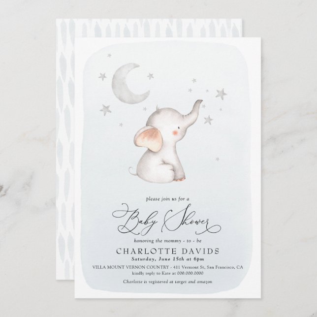 Elephant Stars Moon Dusty Blue Boy Baby Shower Invitation (Front/Back)