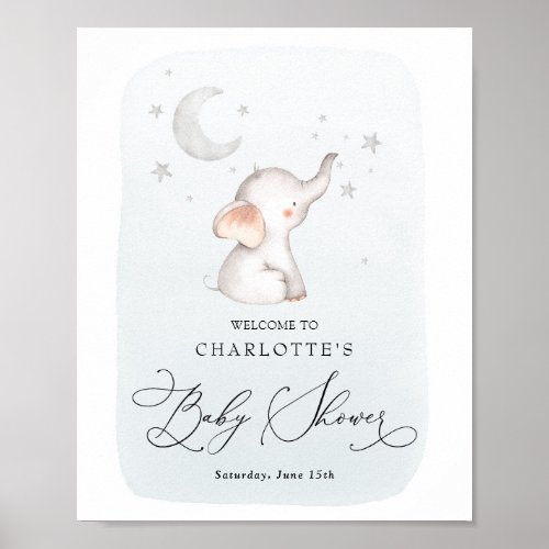 Elephant Stars Moon Dusty Blue Boy Baby Shower Poster