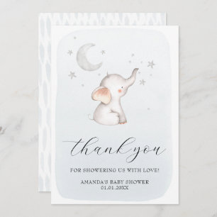 Elephant Stars Moon Dusty Blue Boy Baby Shower Thank You Card