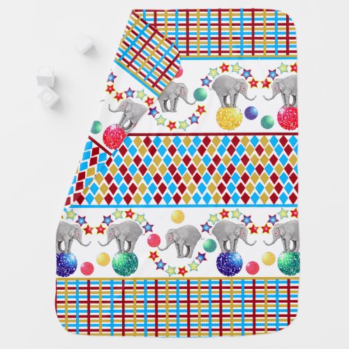 Elephant Stars Stripes Diamonds Circus Pattern Baby Blanket