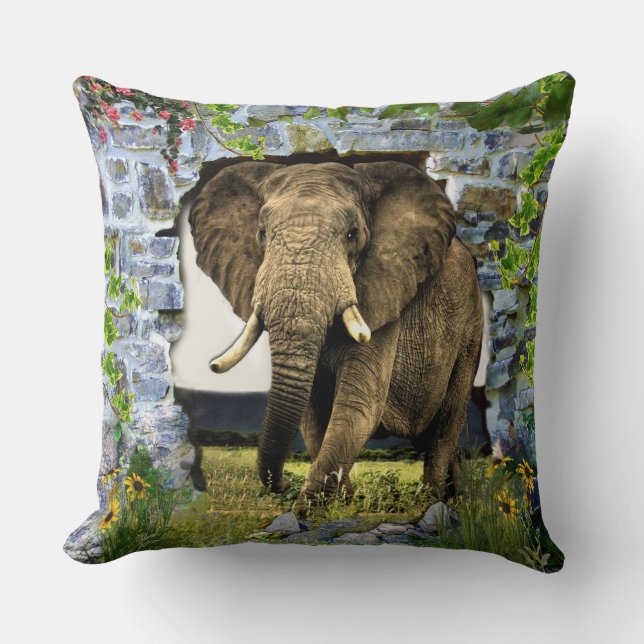 Elephant Stepping Through a Brick Wall Throw Pillow (Front)
