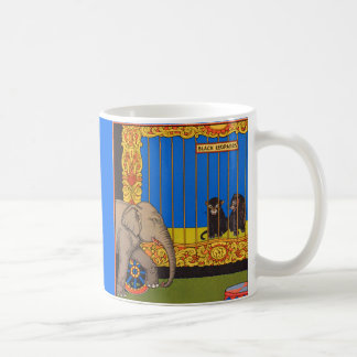 elephant strolling past the black leopards cage coffee mug