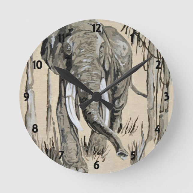 Elephant Strolling Through Wooded Savanna Art Round Clock (Front)