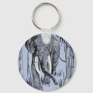 Elephant Strolling Through Wooded Savanna In Blue Keychain