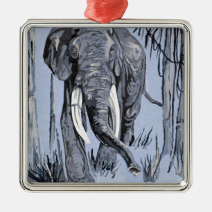 Elephant Strolling Through Wooded Savanna In Blue Metal Ornament