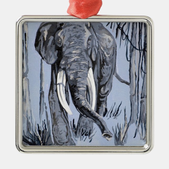 Elephant Strolling Through Wooded Savanna In Blue Metal Ornament (Front)