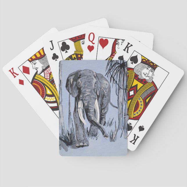 Elephant Strolling Through Wooded Savanna In Blue Poker Cards (Back)
