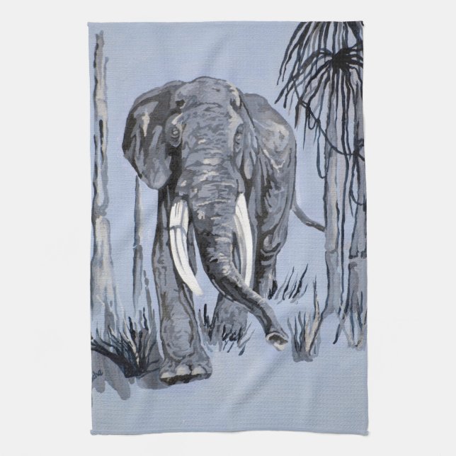 Elephant Strolling Through Wooded Savanna In Blue Towel (Vertical)