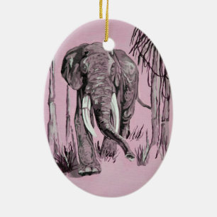 Elephant Strolling Through Wooded Savanna In Pink Ceramic Ornament