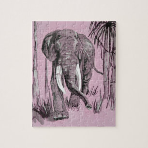 Elephant Strolling Through Wooded Savanna In Pink Jigsaw Puzzle