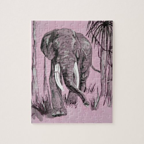 Elephant Strolling Through Wooded Savanna In Pink Jigsaw Puzzle