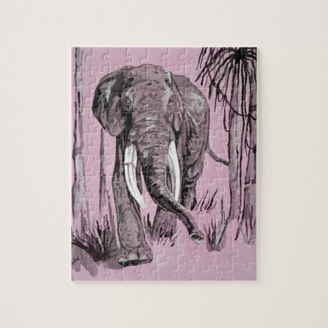 Elephant Strolling Through Wooded Savanna In Pink Jigsaw Puzzle (Vertical)