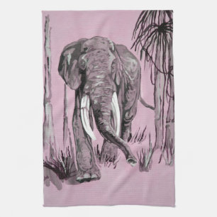Elephant Strolling Through Wooded Savanna In Pink  Kitchen Towel