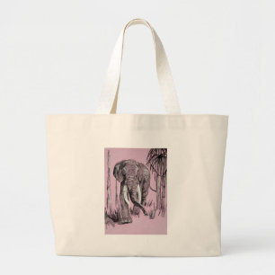 Elephant Strolling Through Wooded Savanna In Pink Large Tote Bag