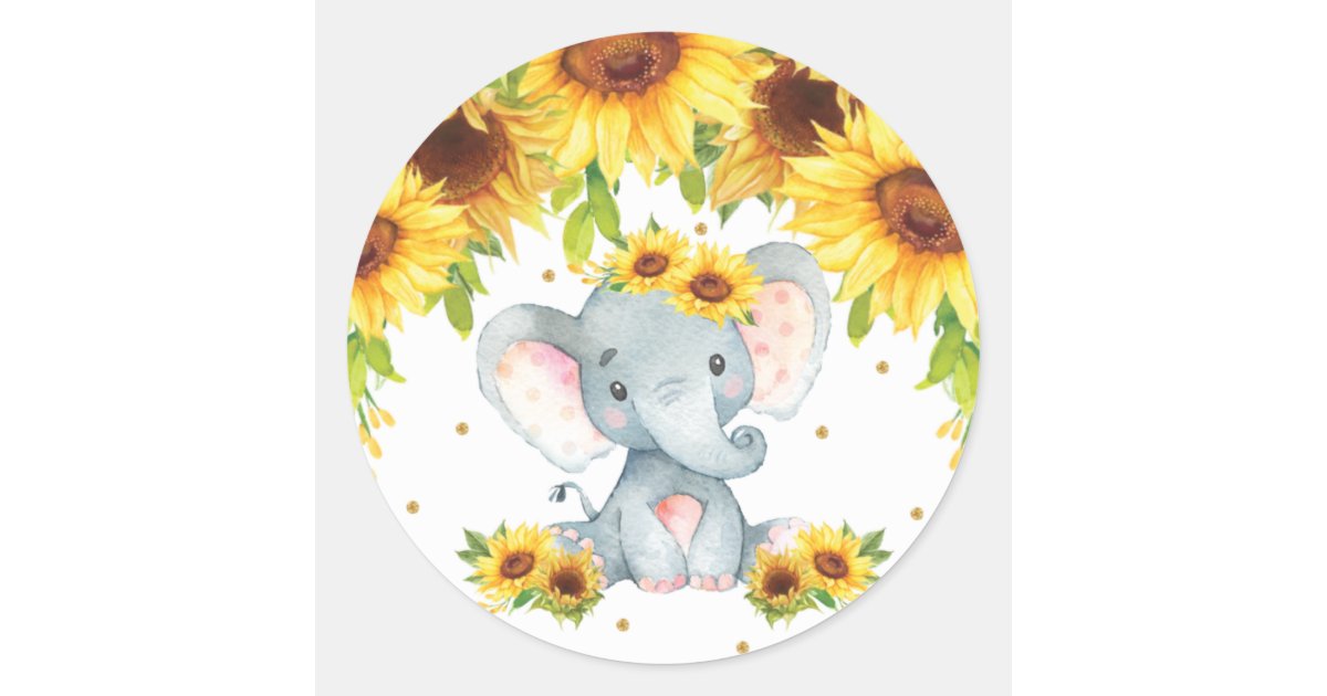 Elephant Sunflower Baby Shower Birthday Favor Classic Round Sticker ...